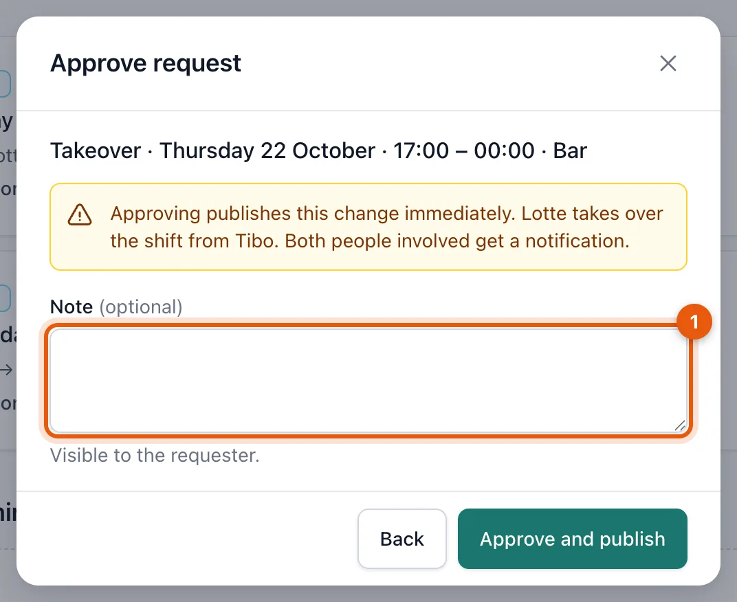 The window to approve a request, with a field for a comment