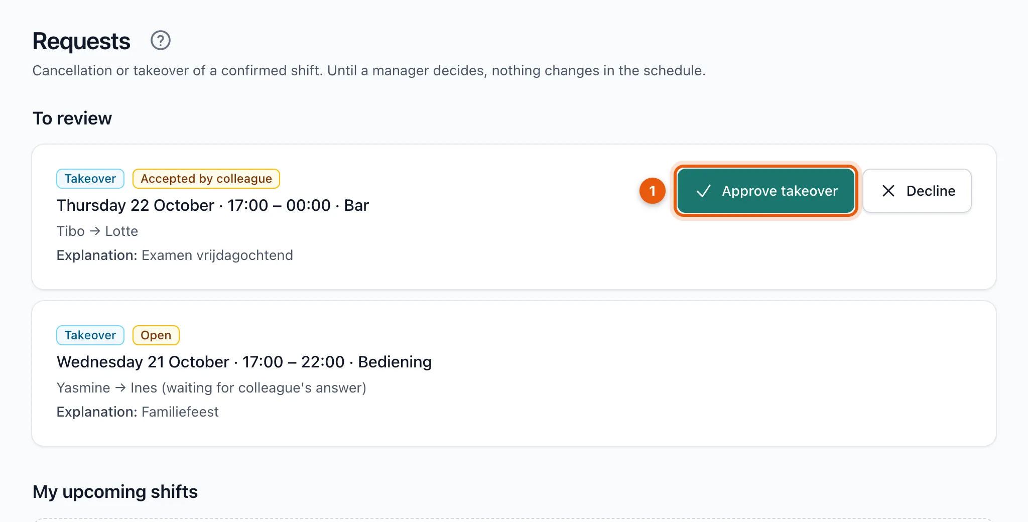 The To review list with a takeover and the Approve takeover and Decline buttons