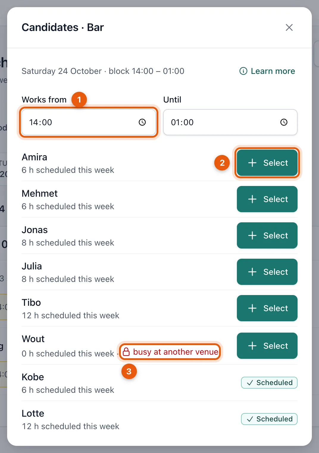 The candidate list with working hours, the Select button and the busy at another venue note