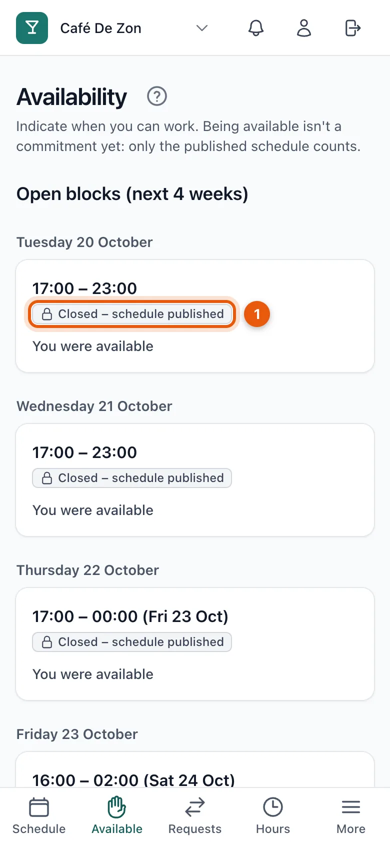 A closed block in the availability list, marked Closed – schedule published