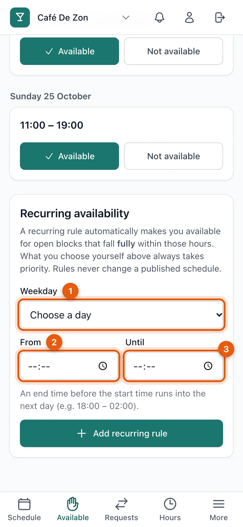 The Recurring availability form with weekday, from and until