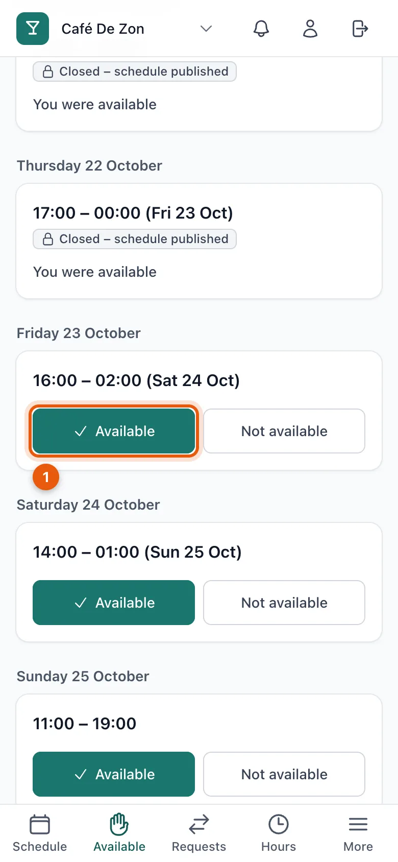 The list of open blocks on a phone, with the Available and Not available buttons for each block