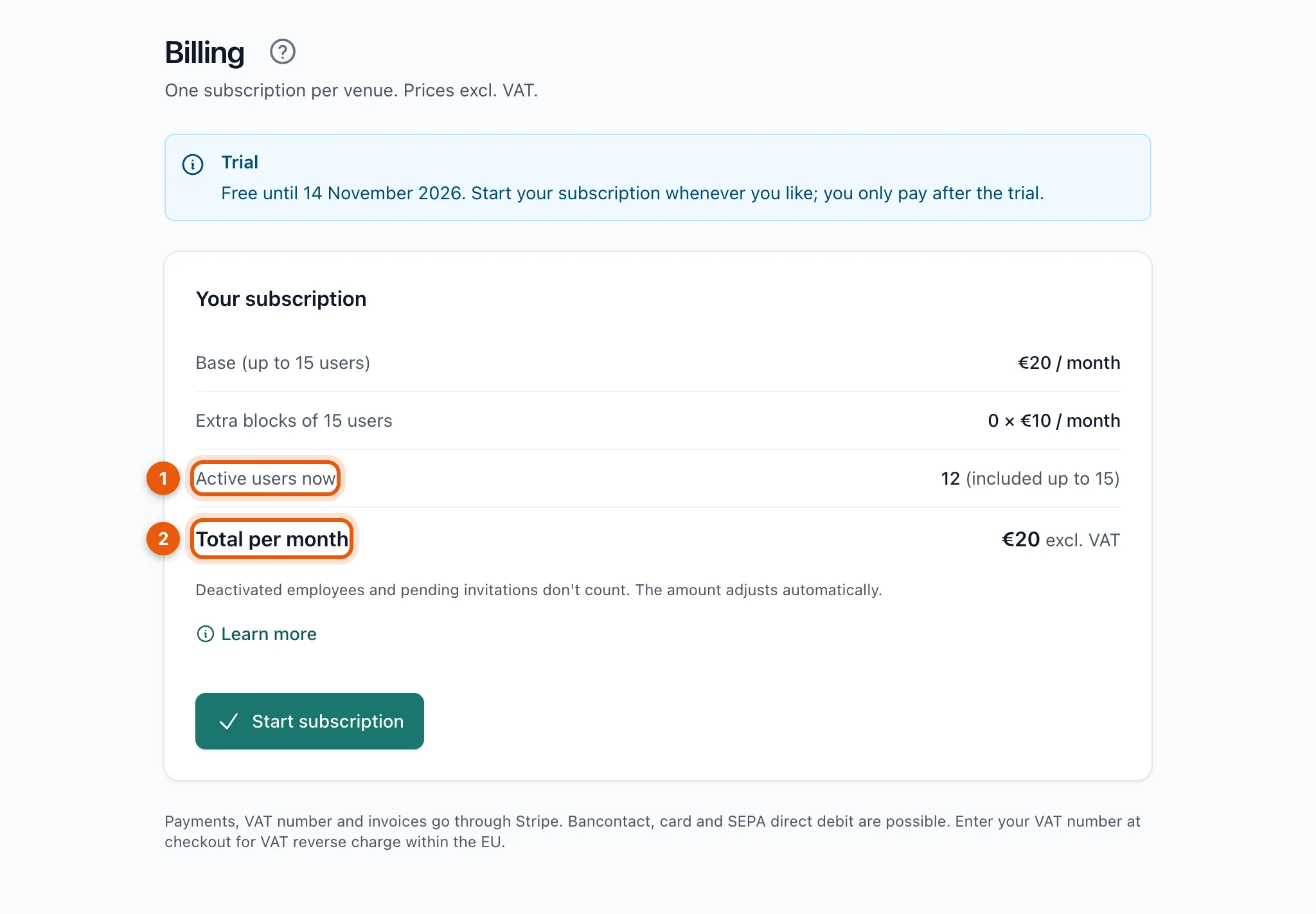 The Billing page with the number of active users and the total per month