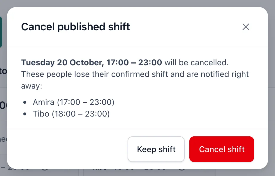 The Cancel published shift window with the people who get a notification