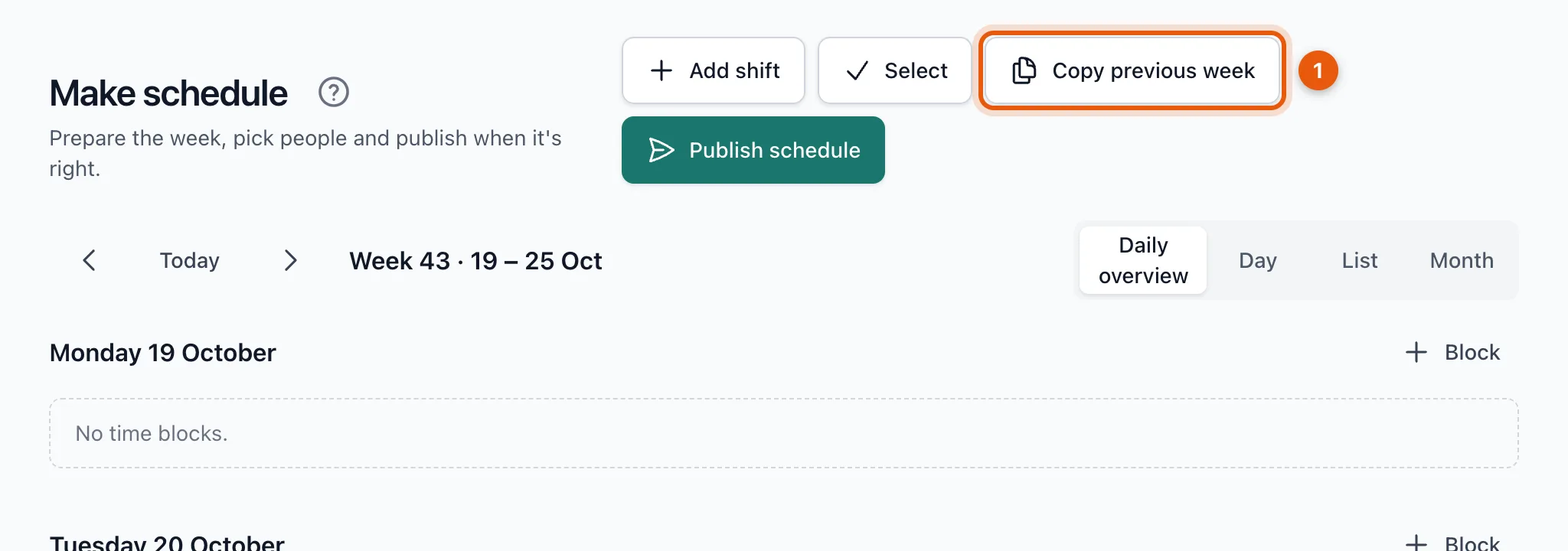 The Copy previous week button at the top of the schedule