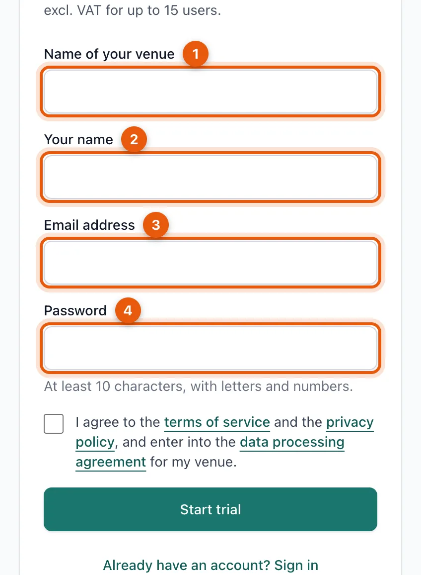 The sign-up form with the fields name of your venue, your name, email address and password