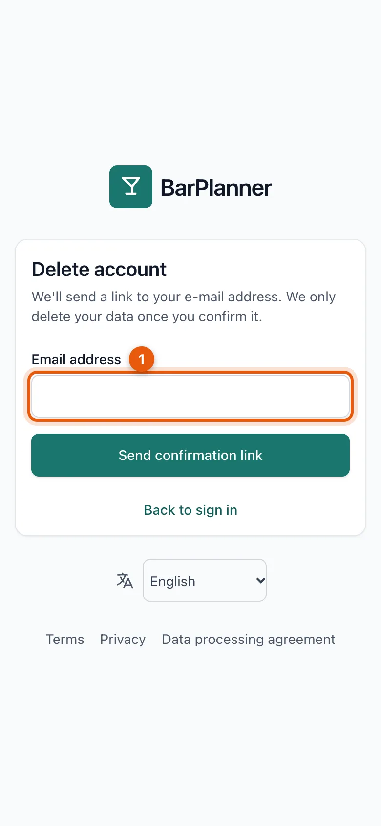 The Delete account screen with the email address field
