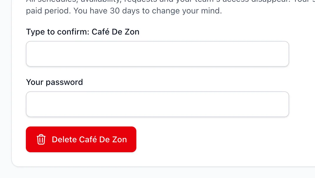 The Delete venue form with the name confirmation and the password