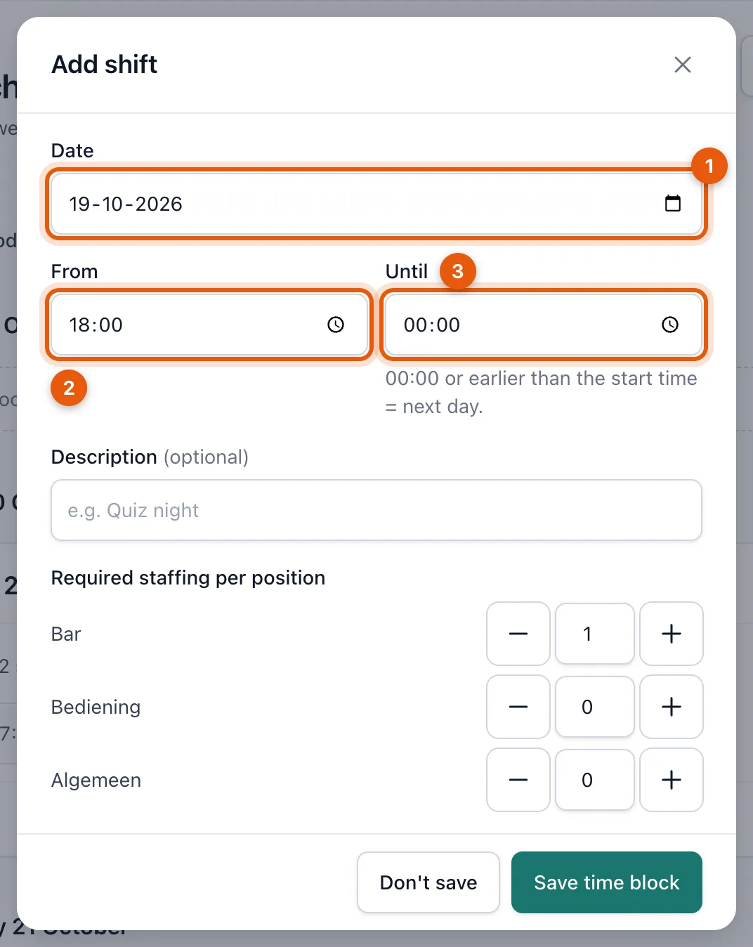 The Add shift window with date, start and end time and the number of people per position