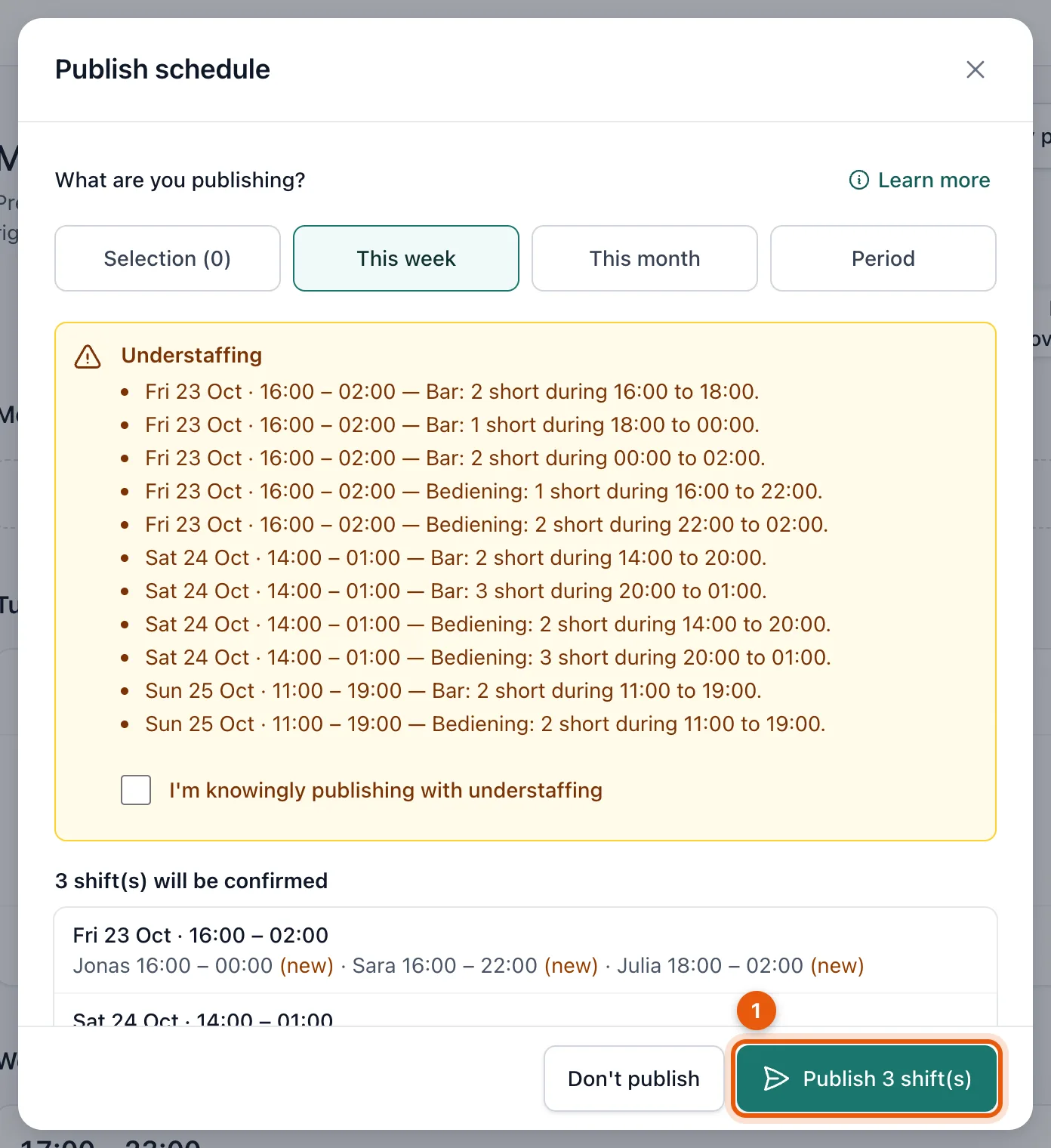 The Publish schedule window with the changes and the button to publish