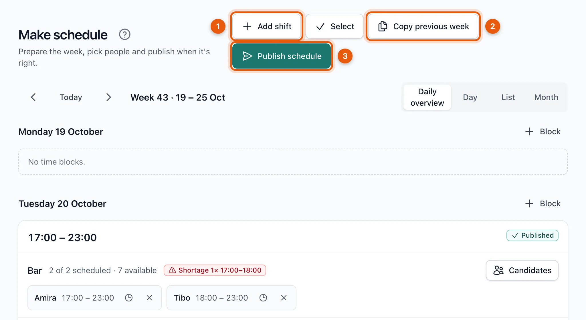The week schedule with the buttons Add shift, Copy previous week and Publish schedule