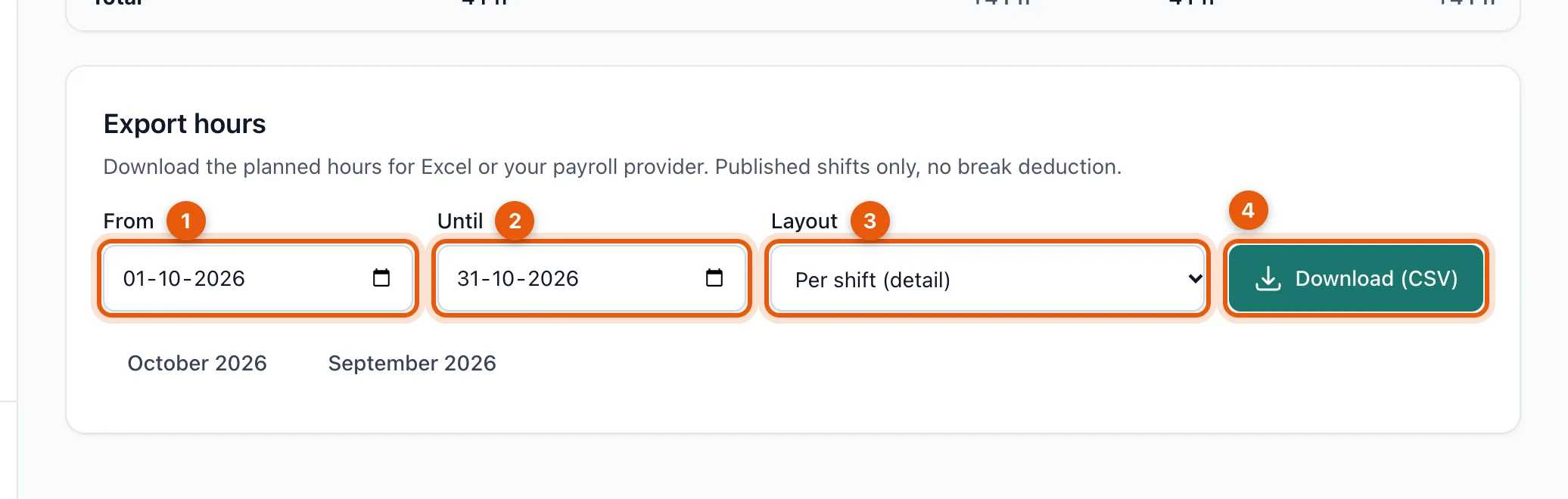 The Export hours form with from, until, layout and the Download button