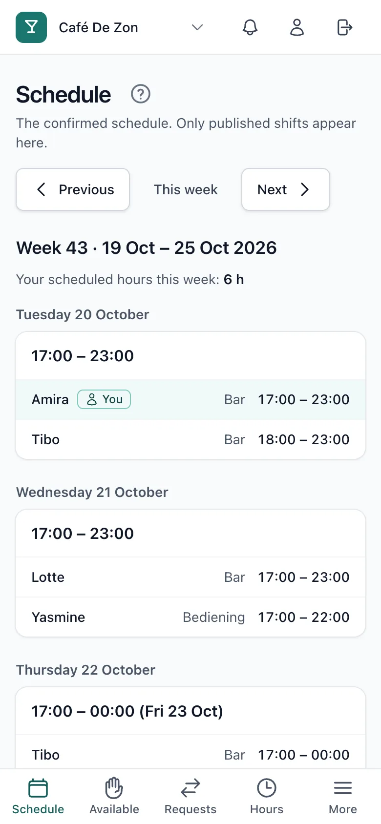 The schedule on a phone, with the shifts of the week