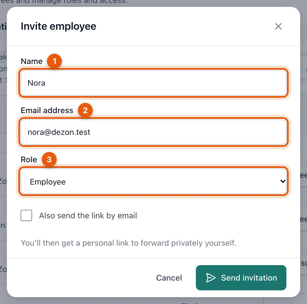 The Invite employee window with name, email address and role