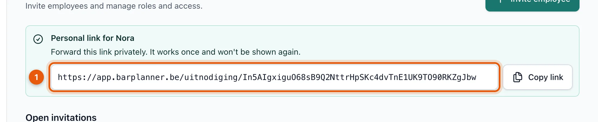 The personal invitation link with the Copy link button