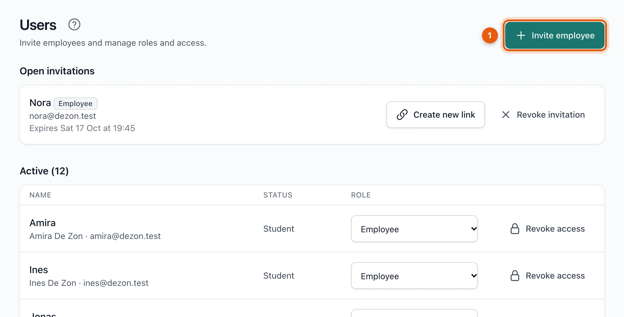 The Users page with the Invite employee button