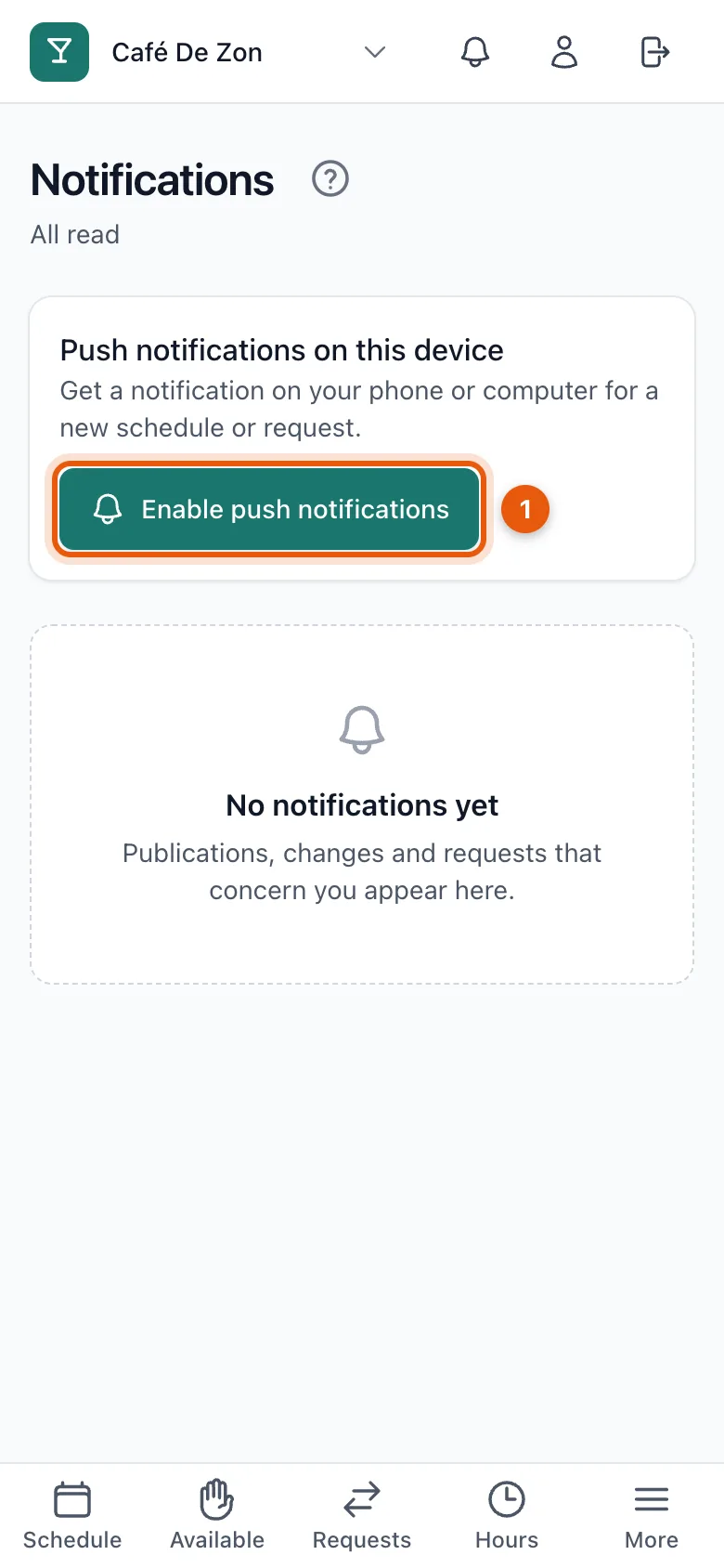 The Notifications screen with the Push notifications on this device block