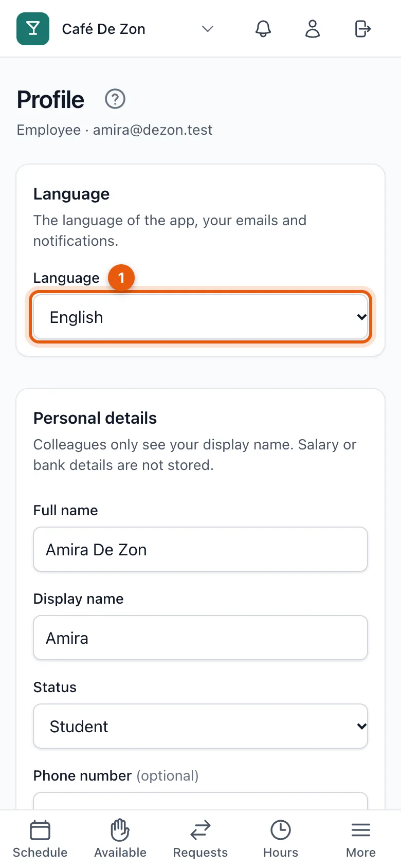 The profile on a phone with the language choice