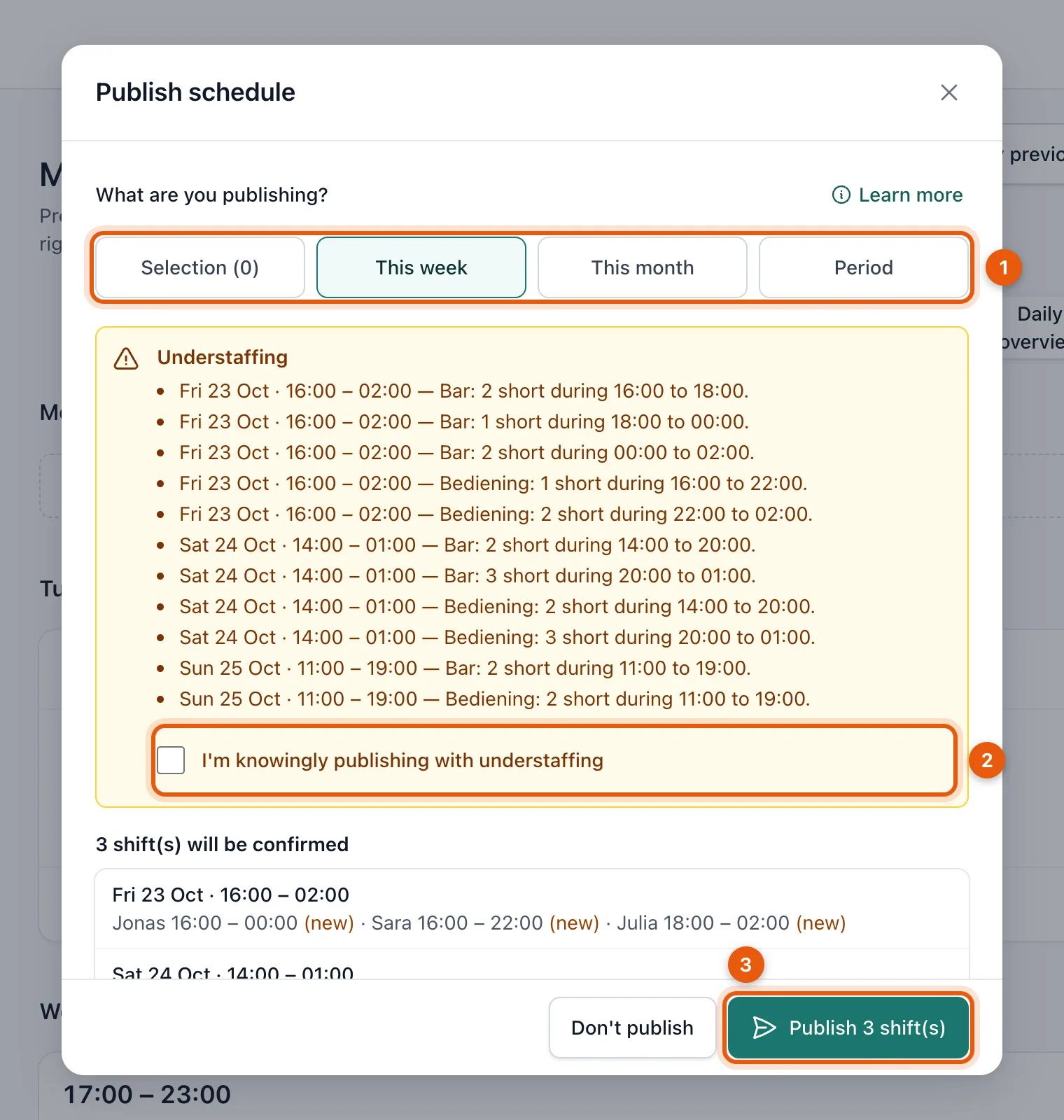 The Publish schedule window with the choice of what to publish, the understaffing warning and the publish button