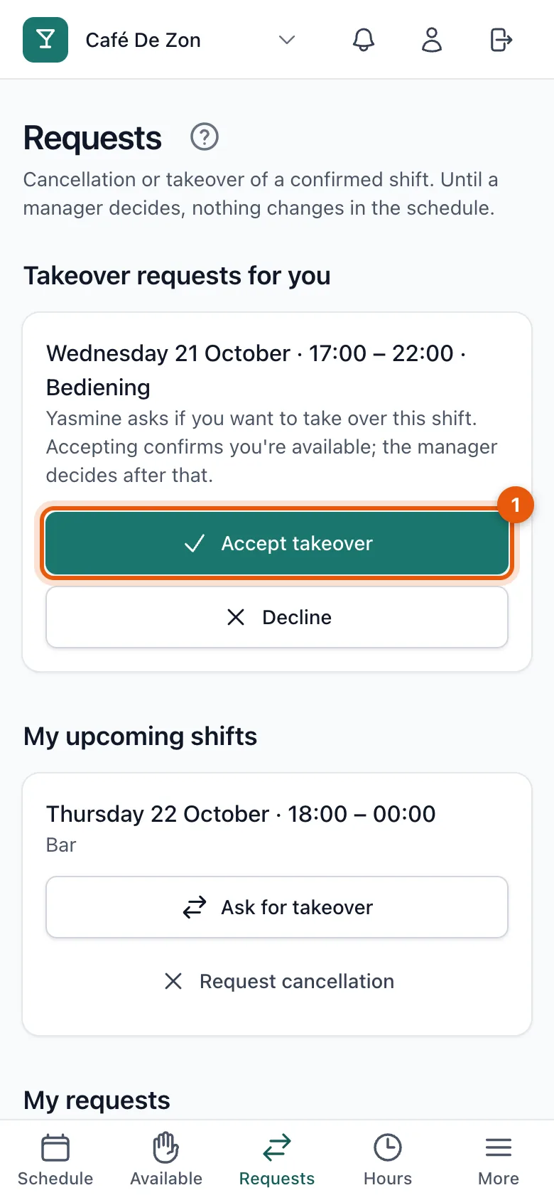 A takeover request with the Accept takeover and Decline buttons