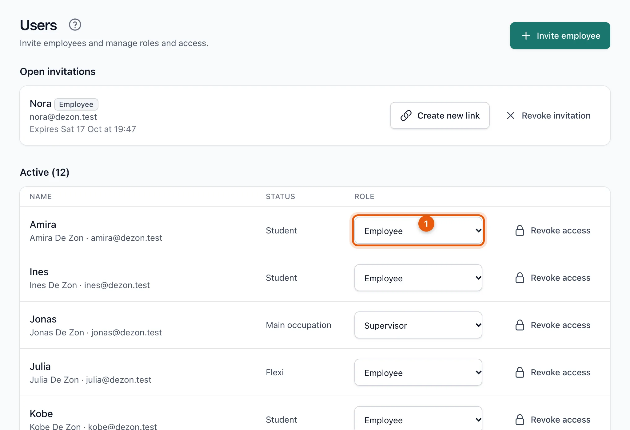 The users list with a role drop-down for each person