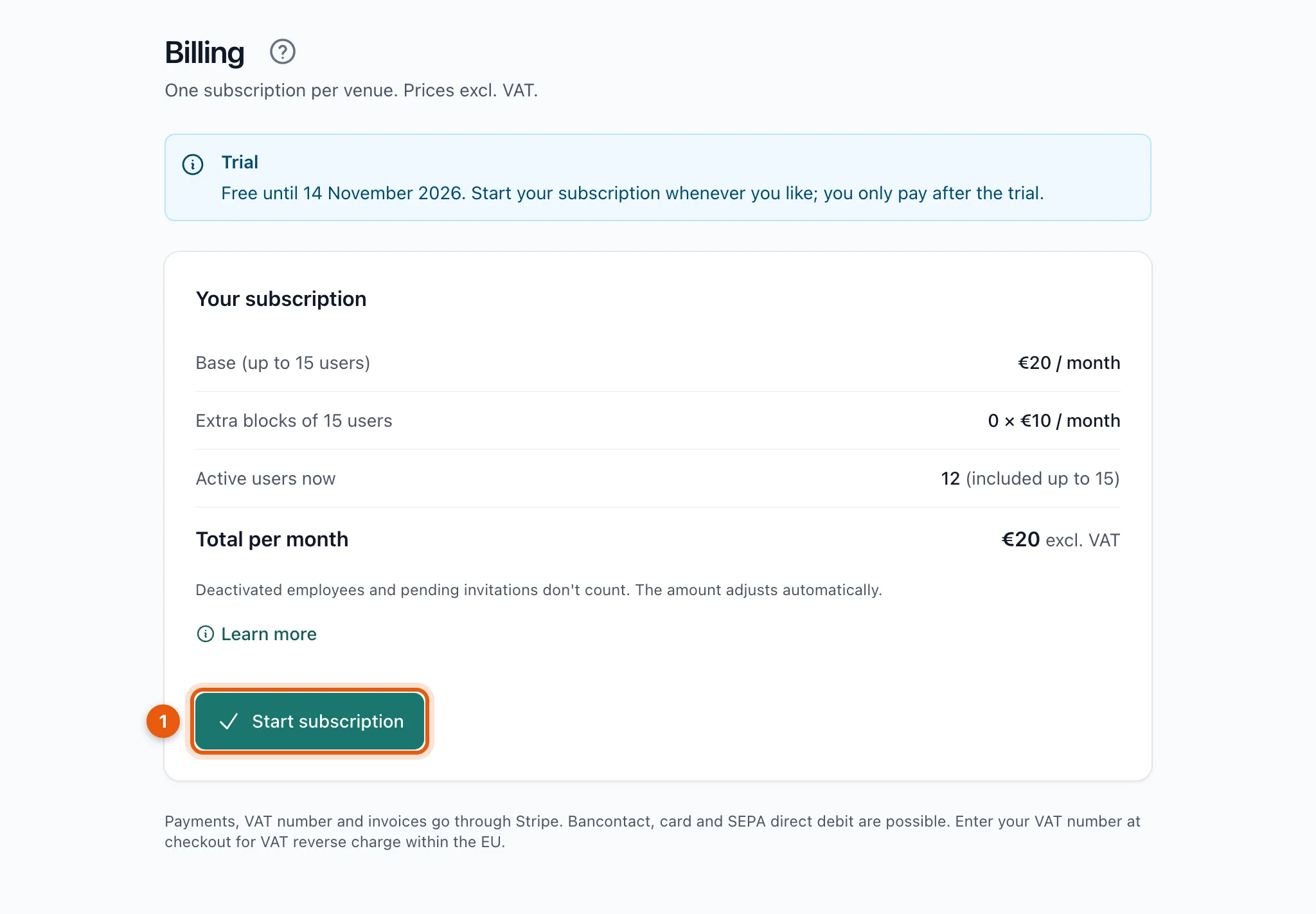 The Start subscription button on the Billing page
