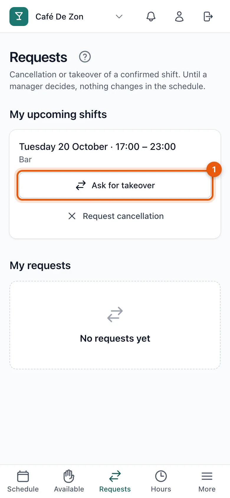 The My upcoming shifts list with the Ask for takeover button