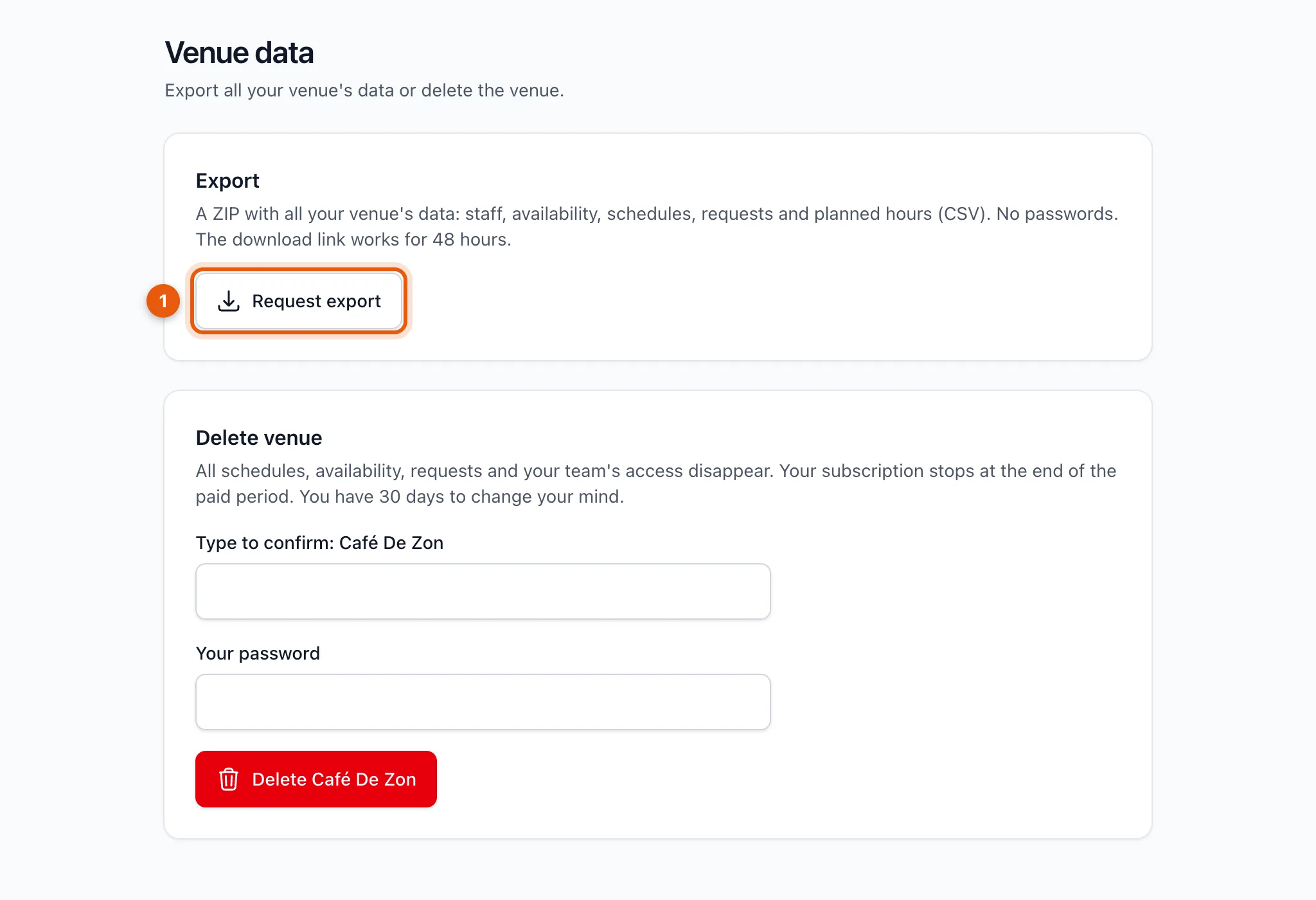 The Venue data page with the Request export button