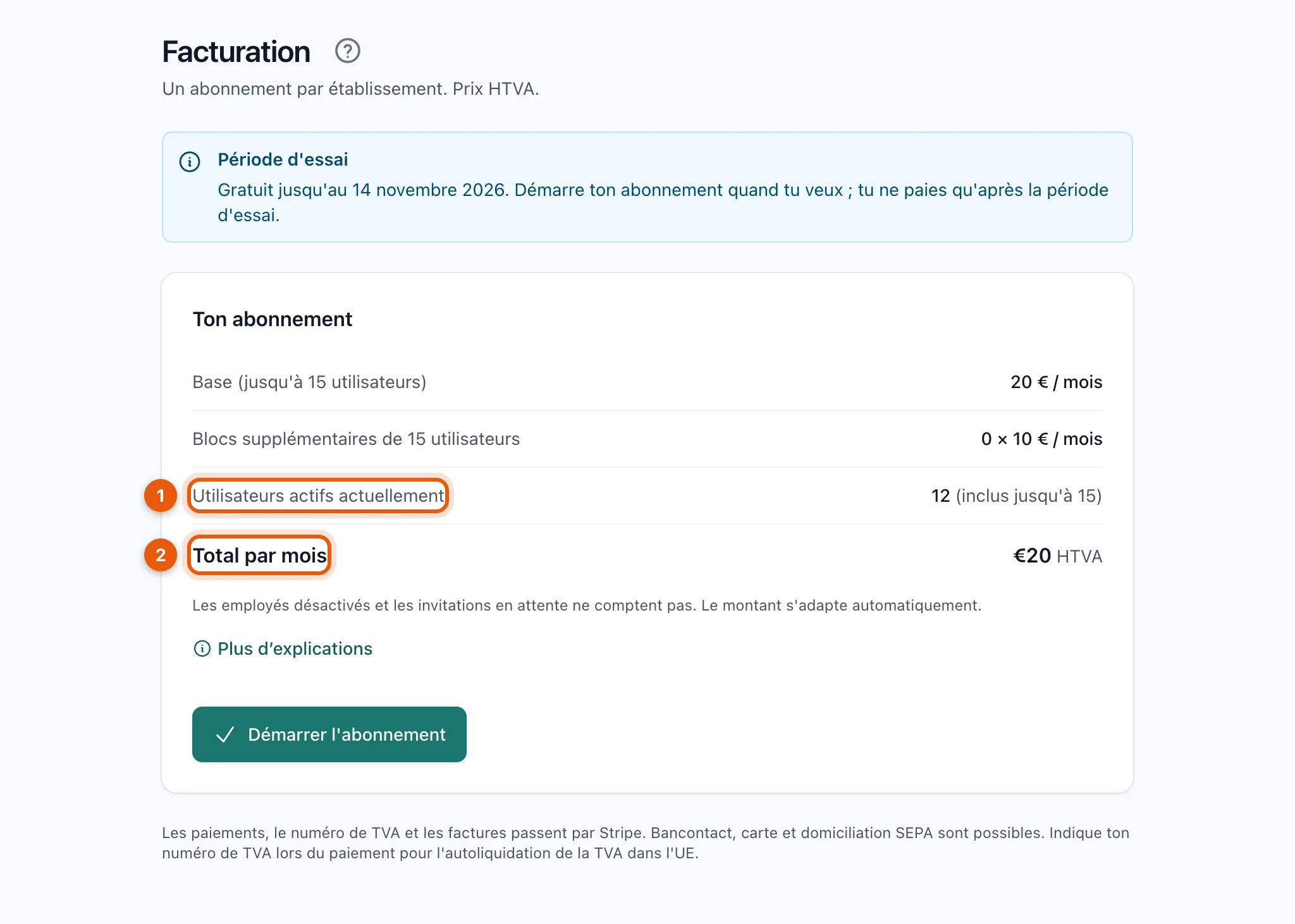 La page Facturation avec le nombre d’utilisateurs actifs et le total par mois