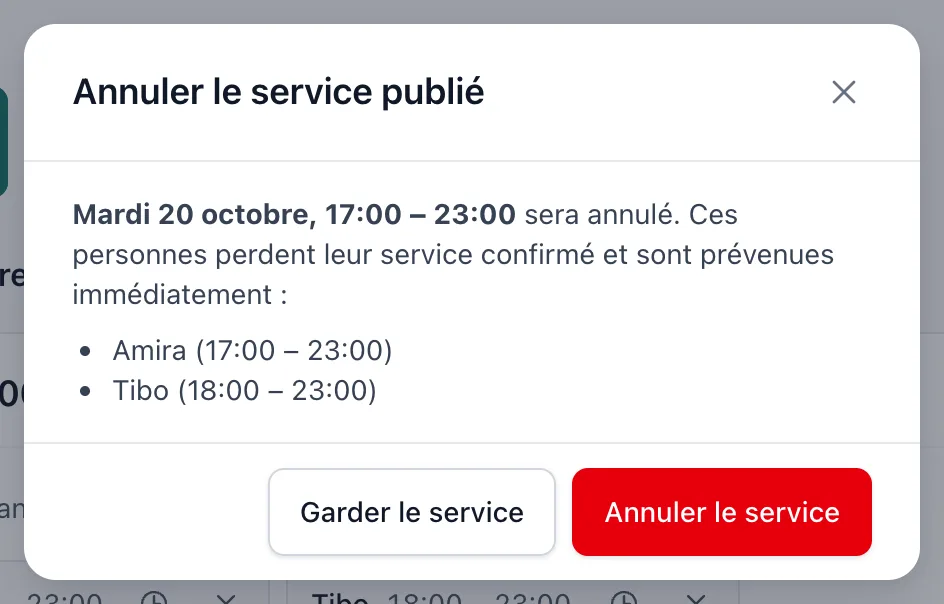 La fenêtre Annuler le service publié avec les personnes qui reçoivent une notification