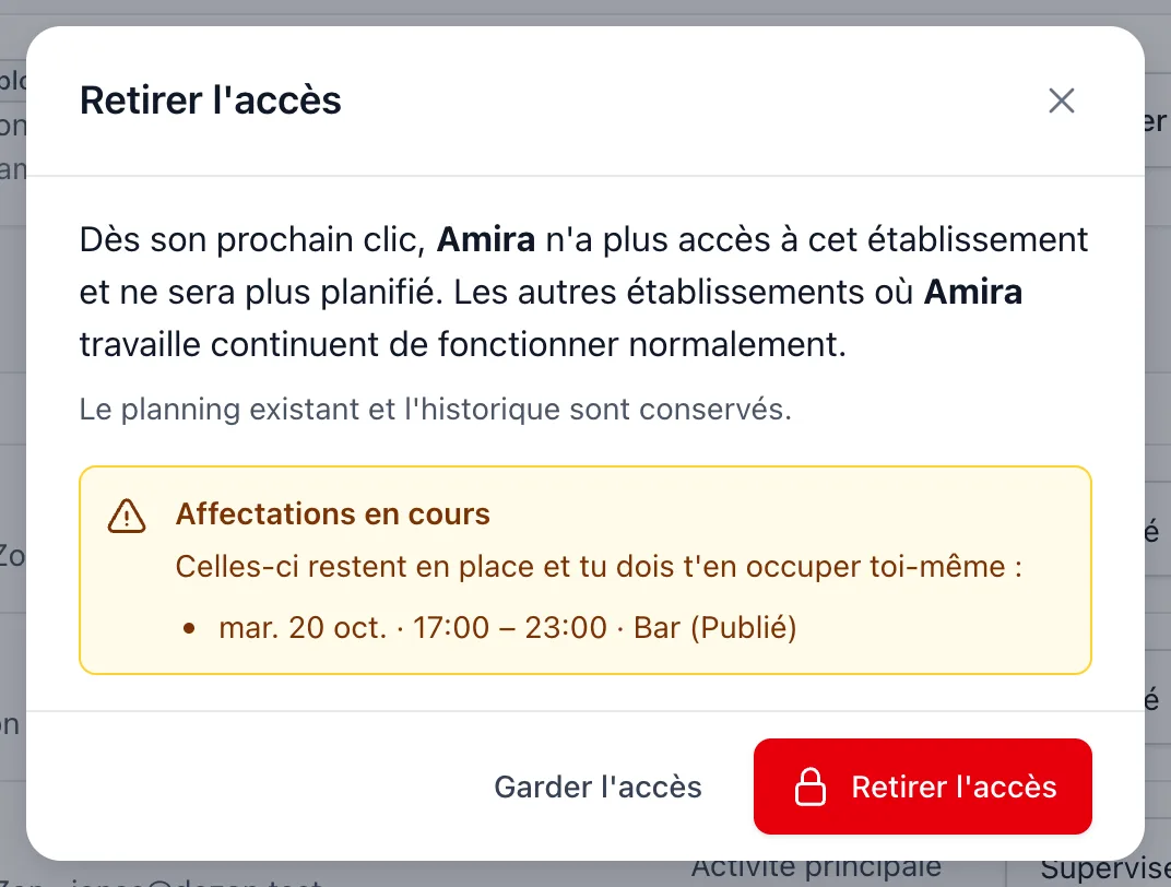 La fenêtre Retirer l’accès avec l’explication de ce qui se passe