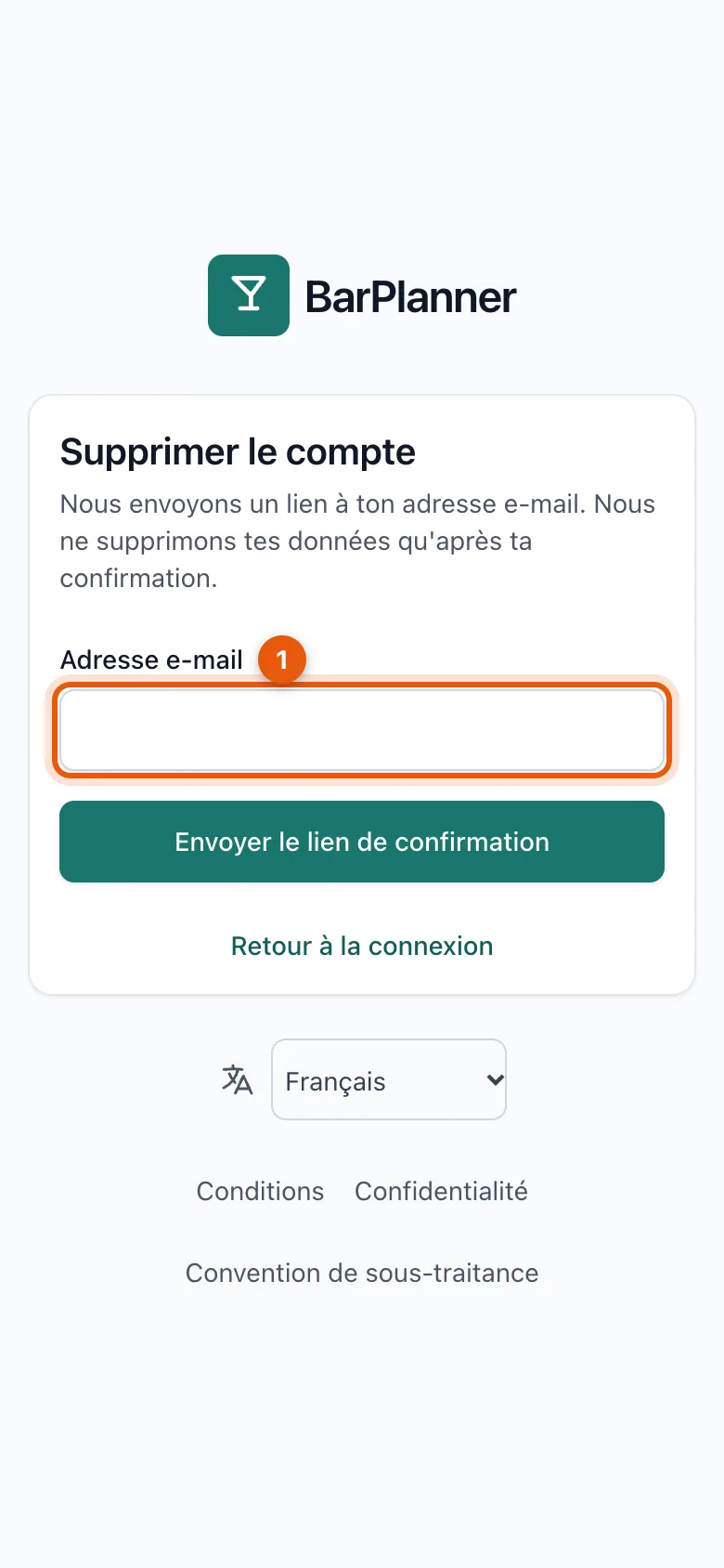 L’écran Supprimer le compte avec le champ adresse e-mail