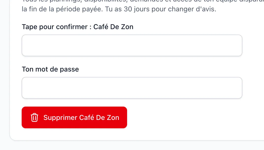 Le formulaire Supprimer l’établissement avec la confirmation du nom et le mot de passe