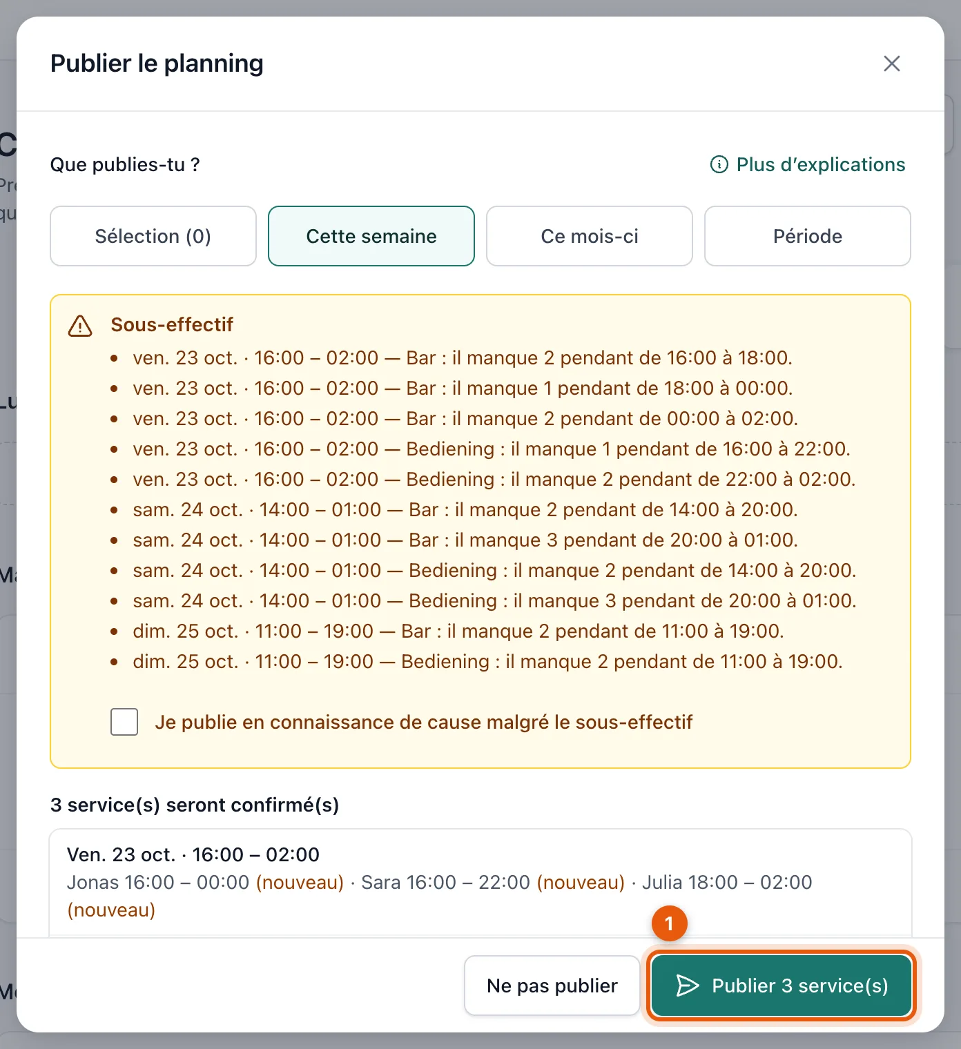 La fenêtre Publier le planning avec les modifications et le bouton pour publier