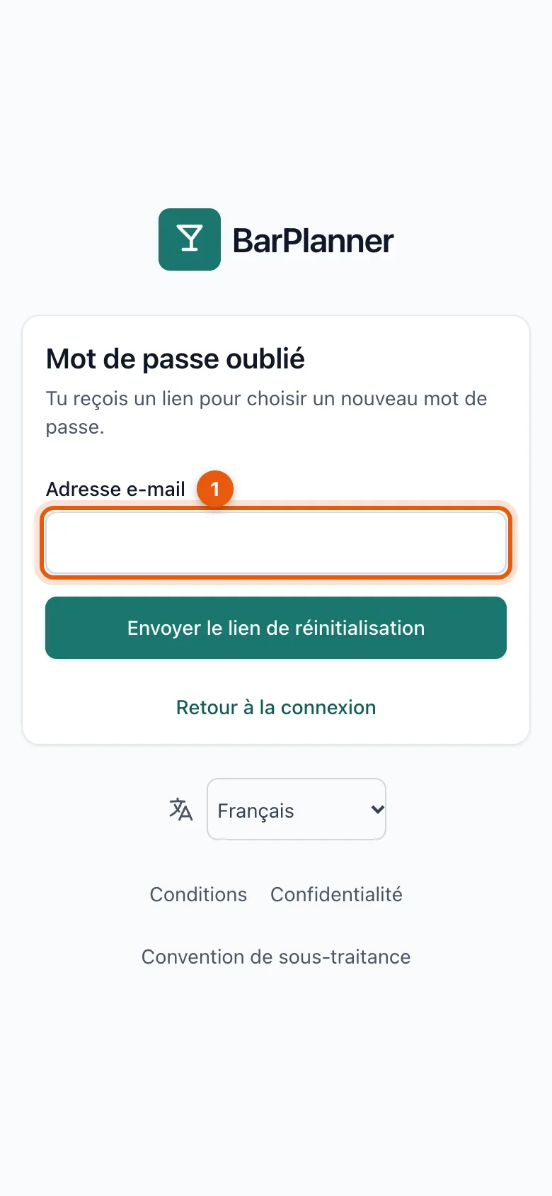 L’écran Mot de passe oublié avec le champ adresse e-mail
