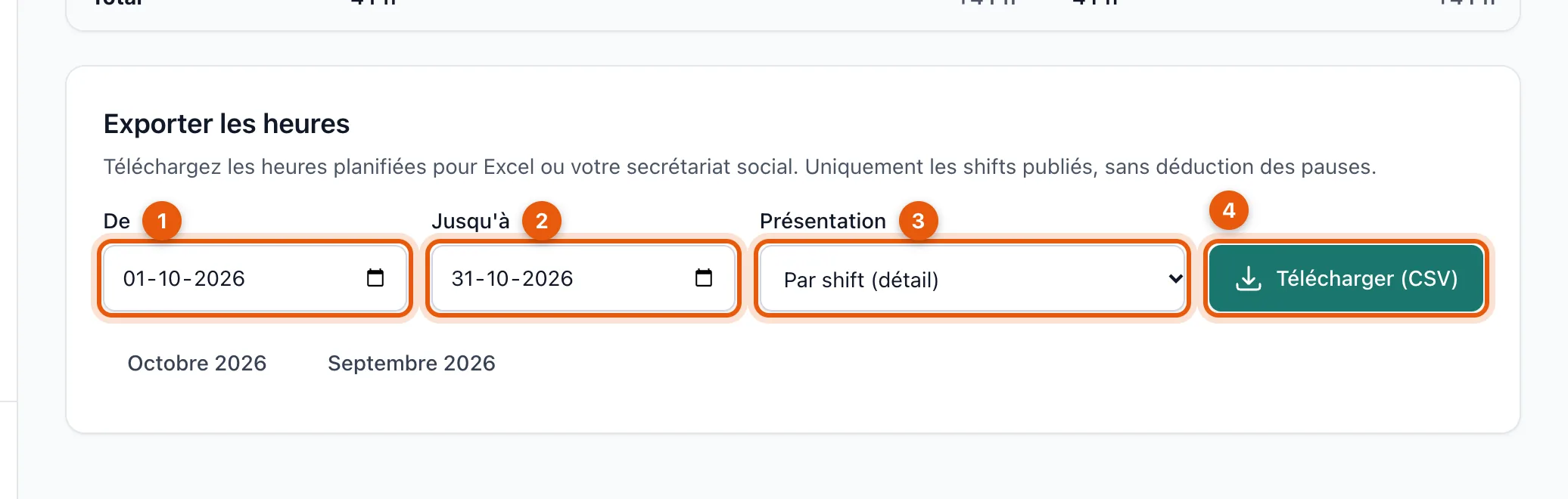 Le formulaire Exporter les heures avec début, fin, présentation et le bouton Télécharger
