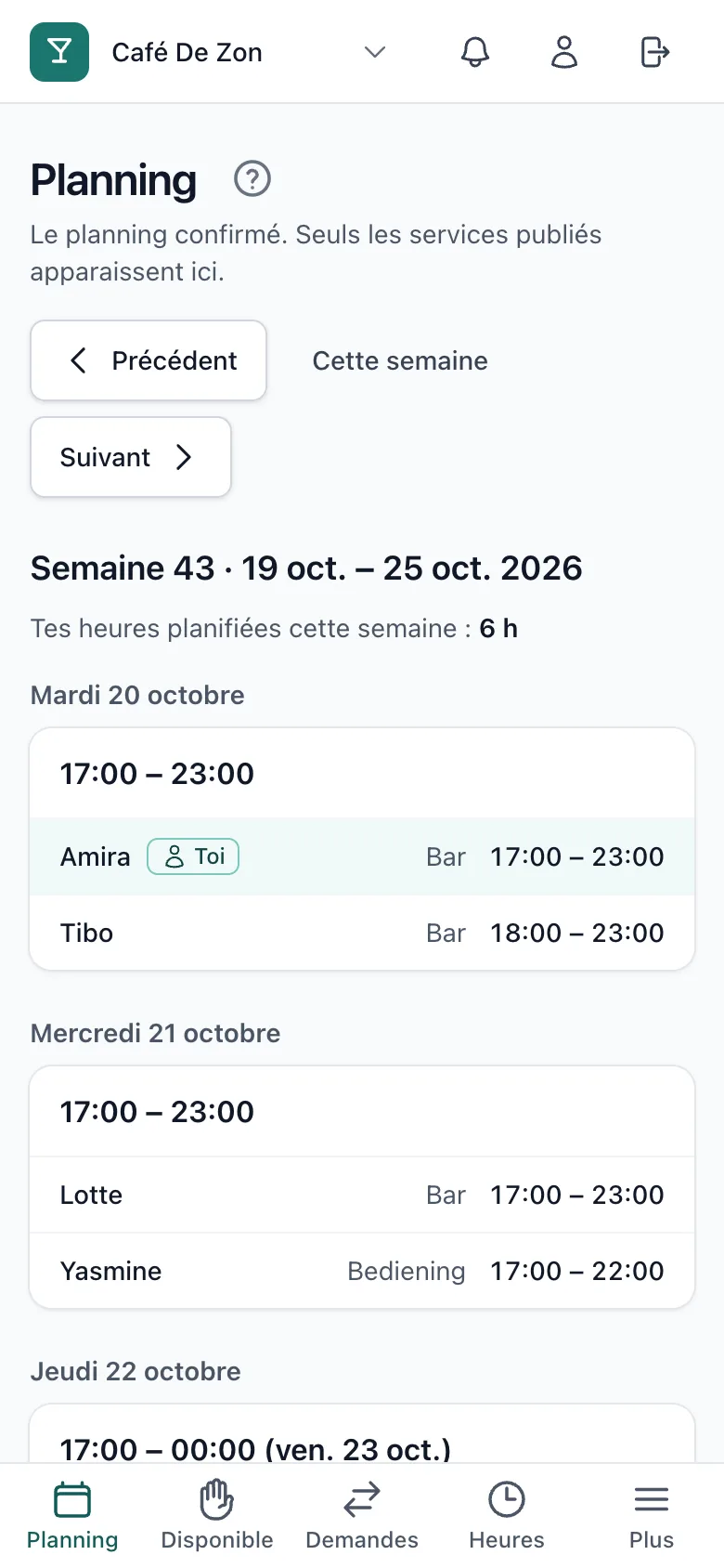 Le planning sur un smartphone, avec les services de la semaine