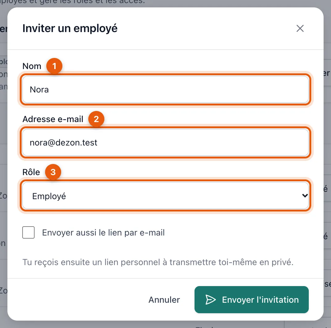 La fenêtre Inviter un employé avec le nom, l’adresse e-mail et le rôle