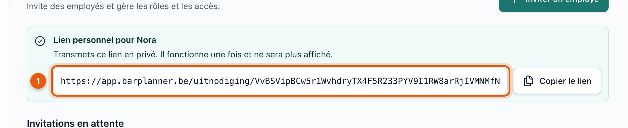 Le lien d’invitation personnel avec le bouton Copier le lien