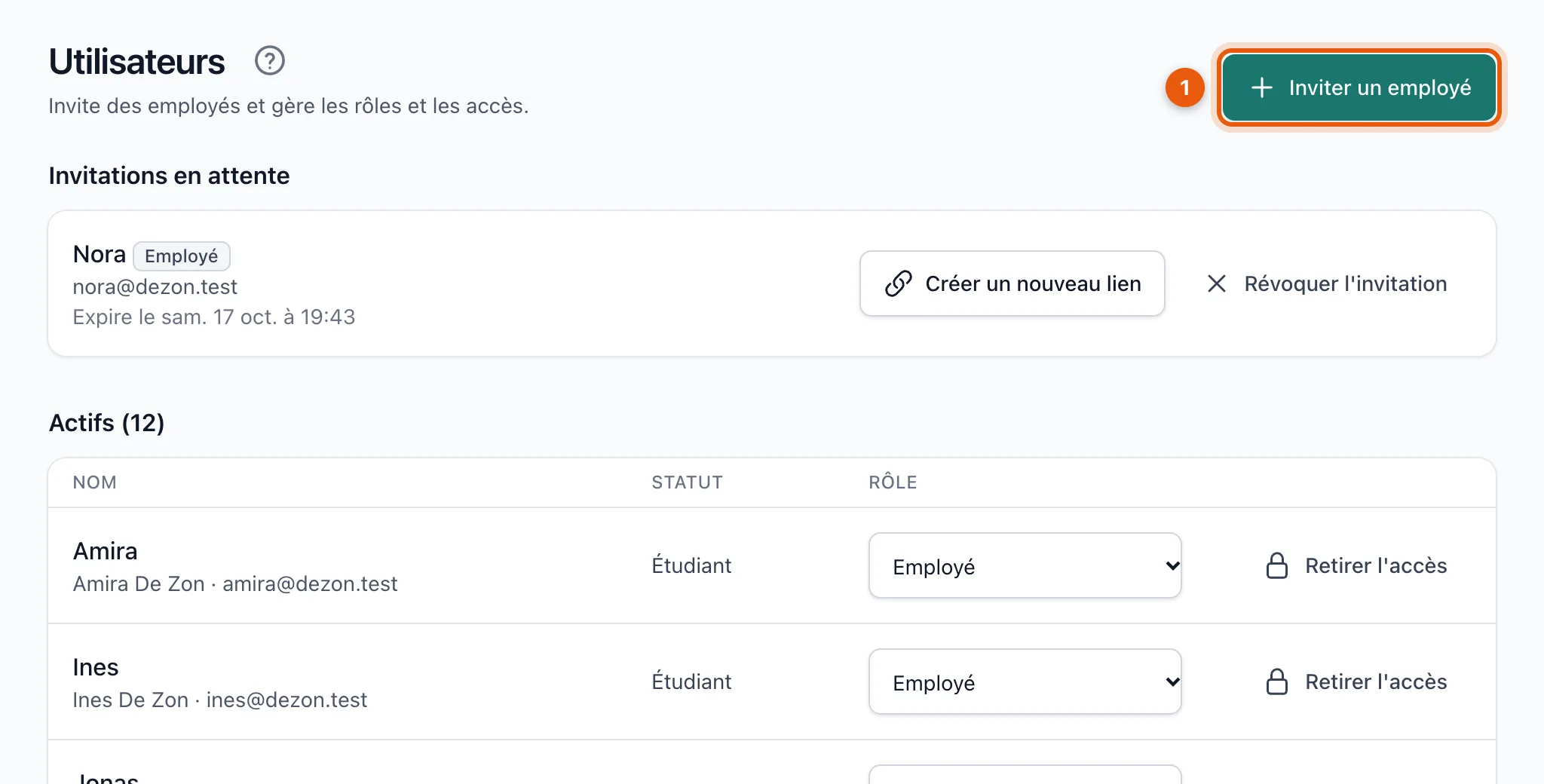 La page Utilisateurs avec le bouton Inviter un employé