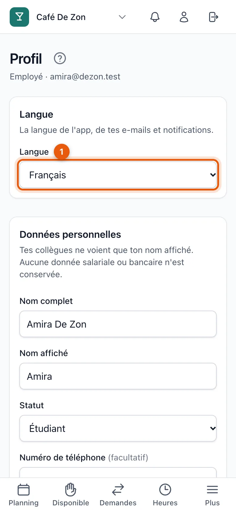 Le profil sur un smartphone avec le choix de la langue