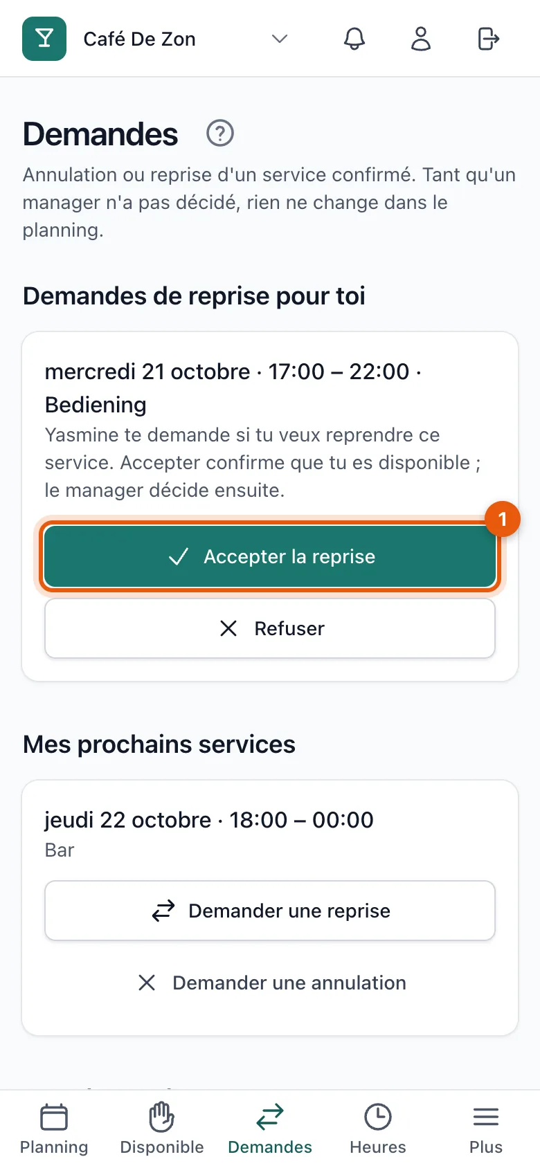 Une demande de reprise avec les boutons Accepter la reprise et Refuser