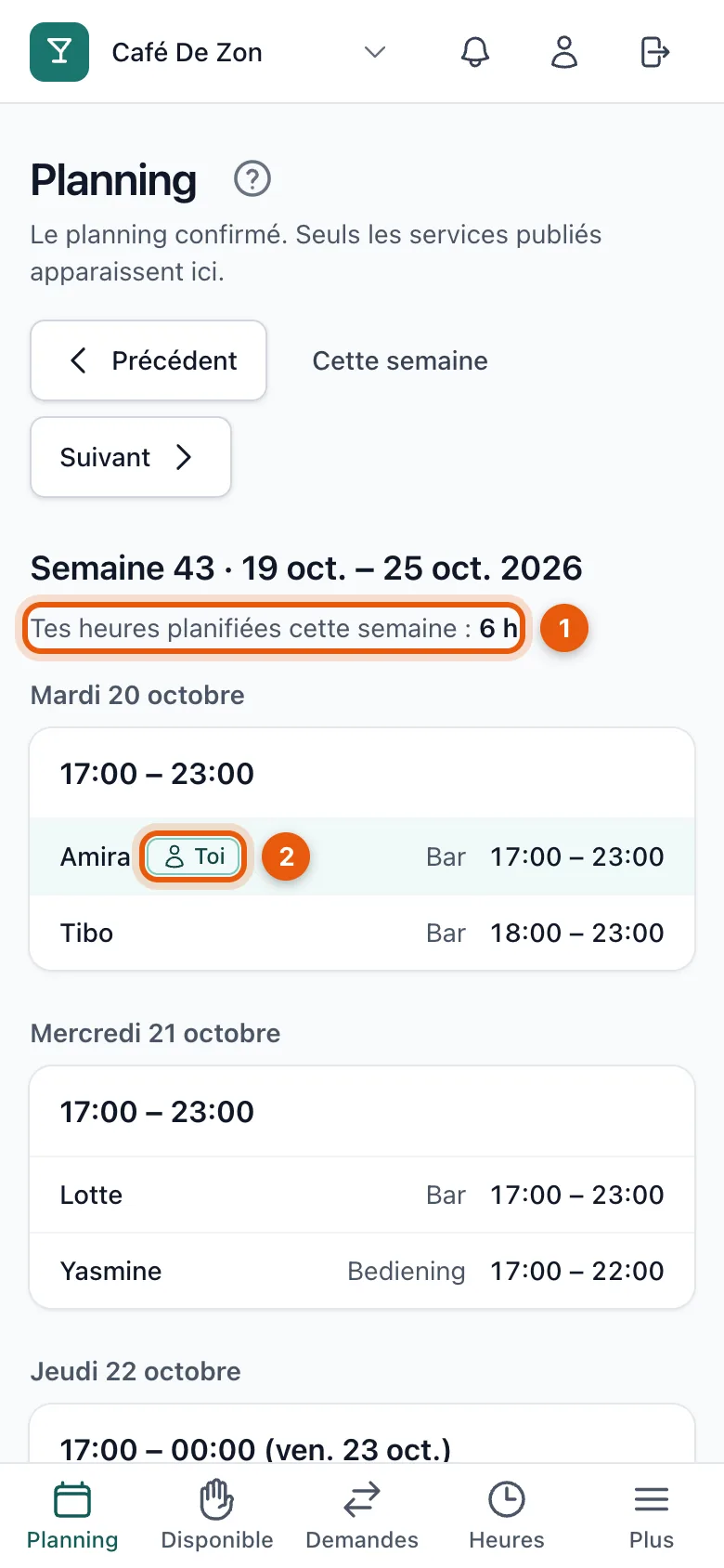 Le planning sur un smartphone avec vos heures planifiées de la semaine et l’étiquette Toi sur votre propre service