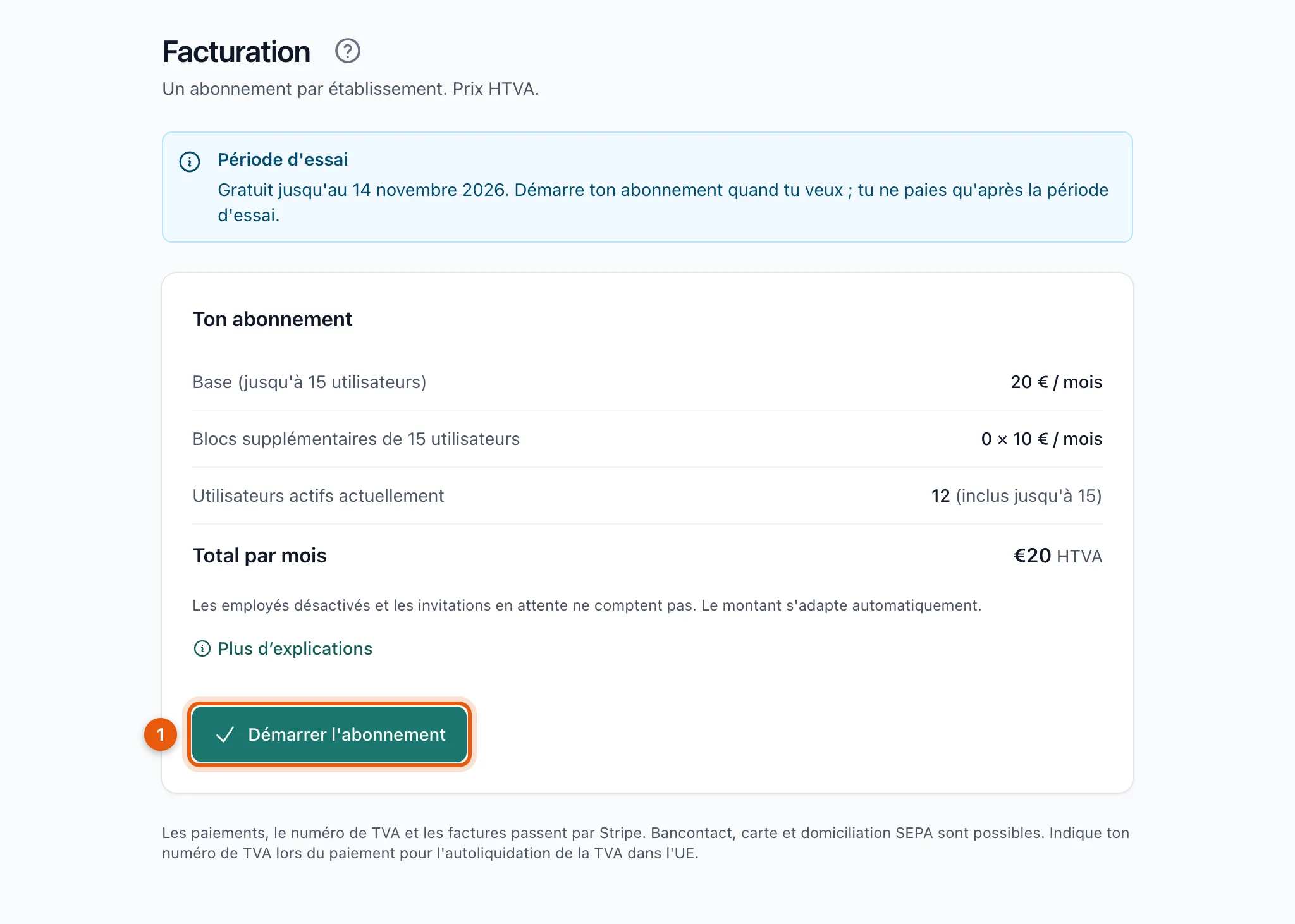 Le bouton Démarrer l’abonnement sur la page Facturation