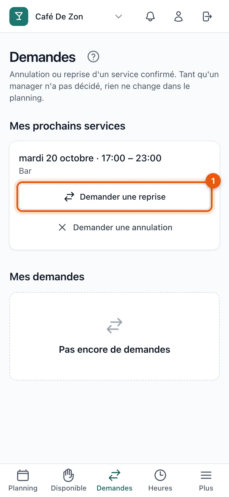 La liste Mes prochains services avec le bouton Demander une reprise