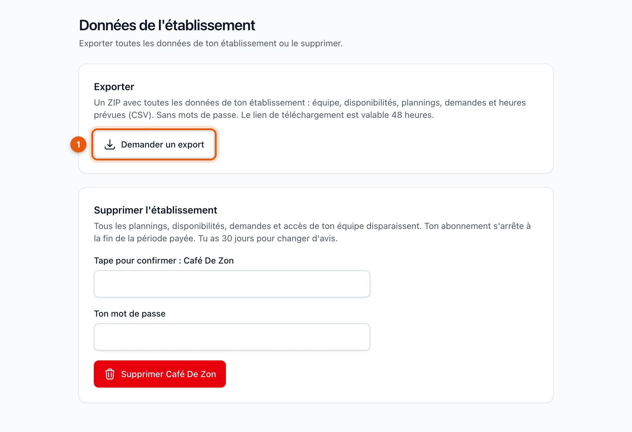 La page Données de l’établissement avec le bouton Demander un export