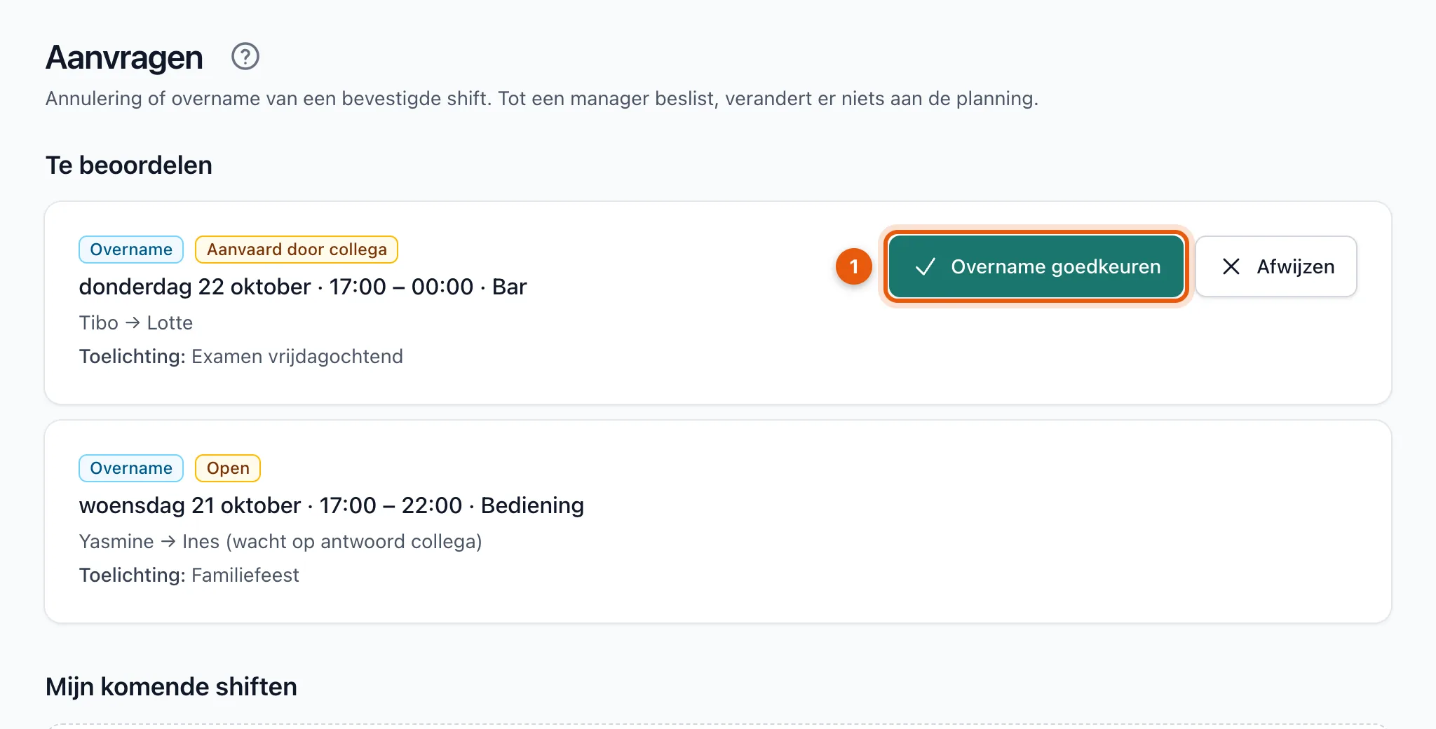 De lijst Te beoordelen met een overname en de knoppen Overname goedkeuren en Afwijzen