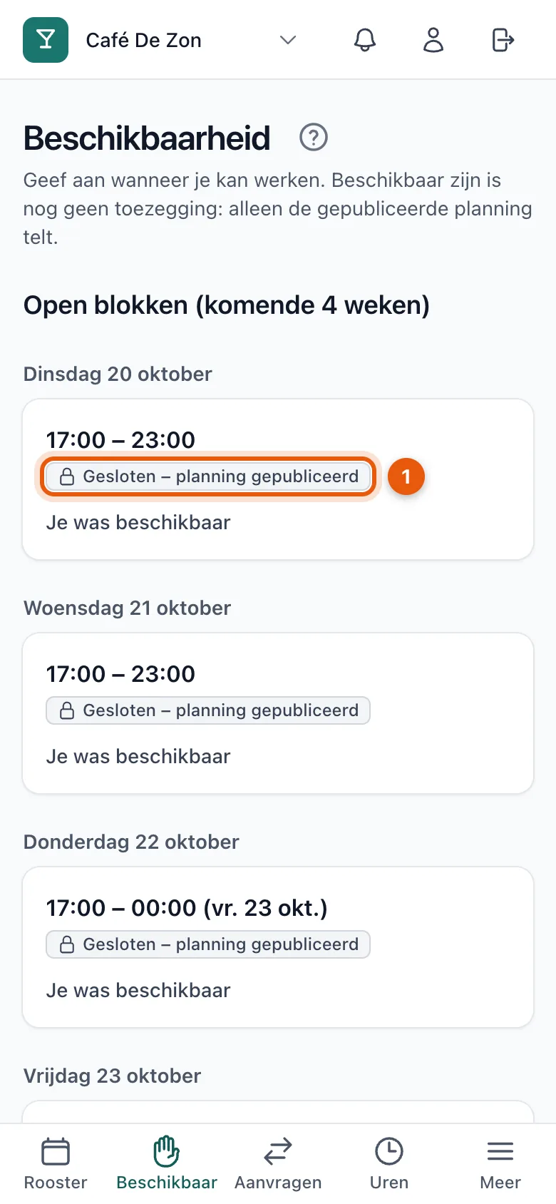 Een gesloten blok in de lijst beschikbaarheid, met de vermelding Gesloten – planning gepubliceerd