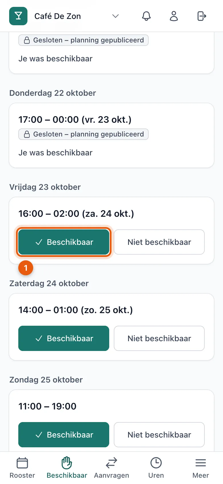 De lijst open blokken op een gsm, met per blok de knoppen Beschikbaar en Niet beschikbaar