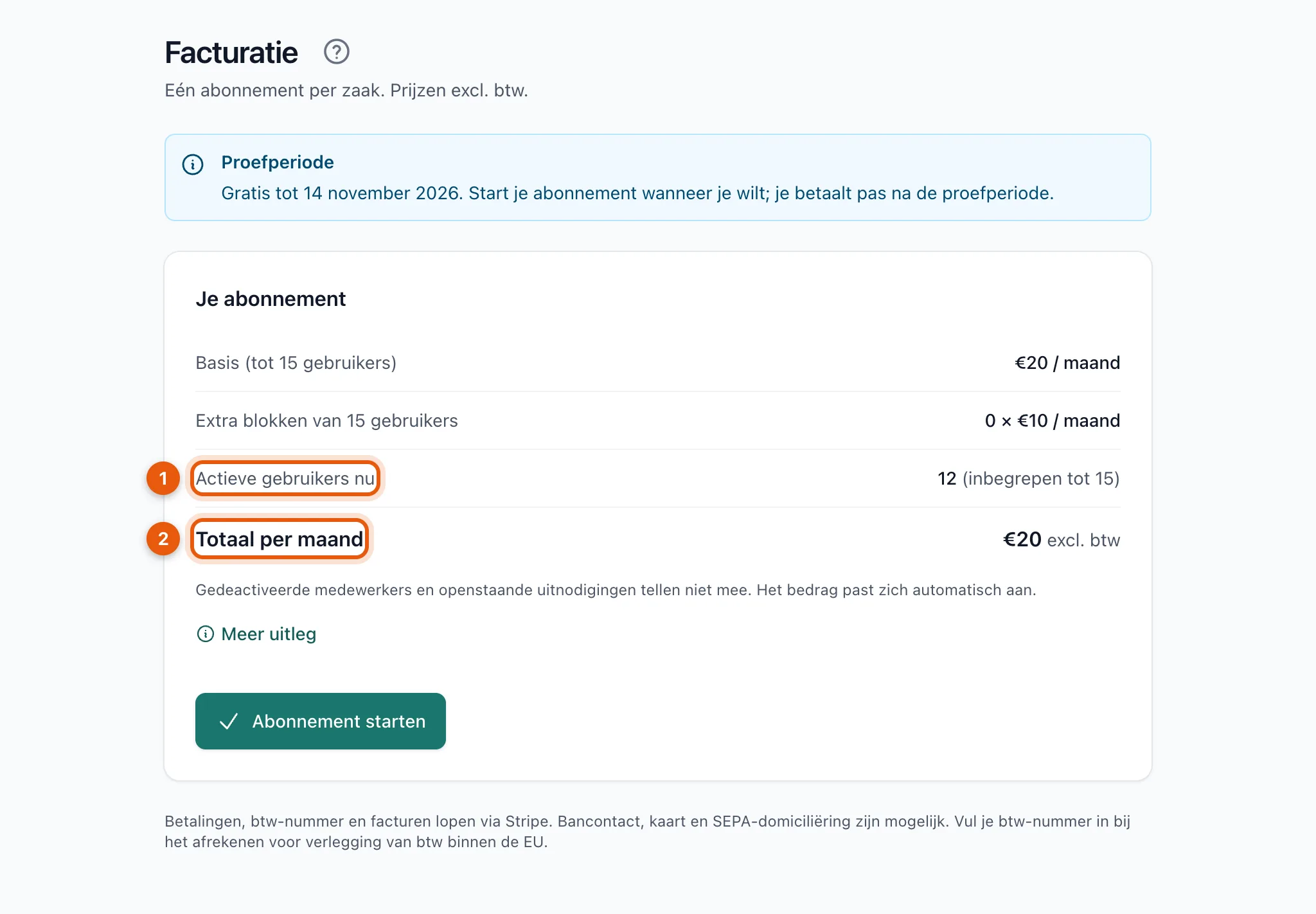 De pagina Facturatie met het aantal actieve gebruikers en het totaal per maand